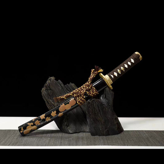 Chrysanthemum Pattern Steel Wakizashi - Movie Style Japanese Short Sword, Pattern Steel Blade with Lacquered Wood Saya, 55cm Compact Collectible