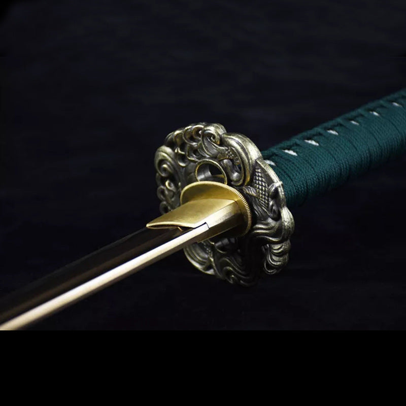 Jade Samurai Movie Katana, Hand-Forged Carbon Steel with Gold Finish, 103cm Overall & 72cm Blade, Lacquered Wood Sheath Display Piece