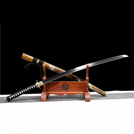 Silver Tiger Movie-Style Katana, T10 Clay-Tempered Steel, Antique Engraved Brass Sheath, 73cm Blade & 102cm Overall