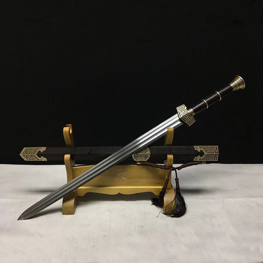 Bronze-Fitted Qin King Sword (Ebony) - Movie-Style Historical Replica, Pattern Steel Blade with Ebony Scabbard, 93cm & 2.3kg