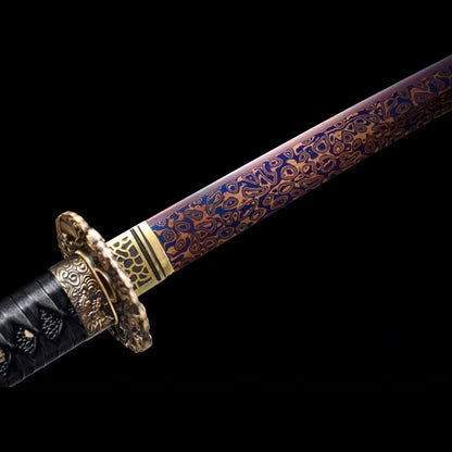 Dragon Across the Seas Movie Katana, Forged with Pattern Steel, 71cm Blade & 103cm Overall, Wood & Leather Sheath for Collection