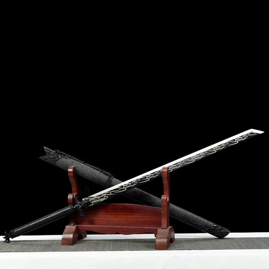 Shadow Dragon Katana with Laser Engraved Pattern - Hand-Forged Manganese Steel, Ebony Wood & Leather Sheath, Black Dragon Fittings, Includes Decorative Box & Maintenance Kit