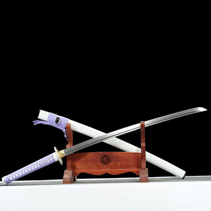 White Snake Anime Katana - Unsharpened Safe Collectible, Medium Carbon Steel Blade, Matte Lacquered Wood Saya with Decorative Cord, 102cm with Brocade Box