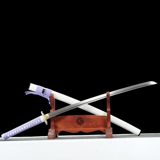 White Snake Anime Katana - Unsharpened Safe Collectible, Medium Carbon Steel Blade, Matte Lacquered Wood Saya with Decorative Cord, 102cm with Brocade Box