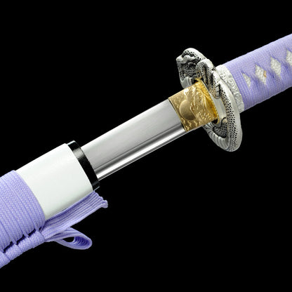 White Snake Anime Katana - Unsharpened Safe Collectible, Medium Carbon Steel Blade, Matte Lacquered Wood Saya with Decorative Cord, 102cm with Brocade Box