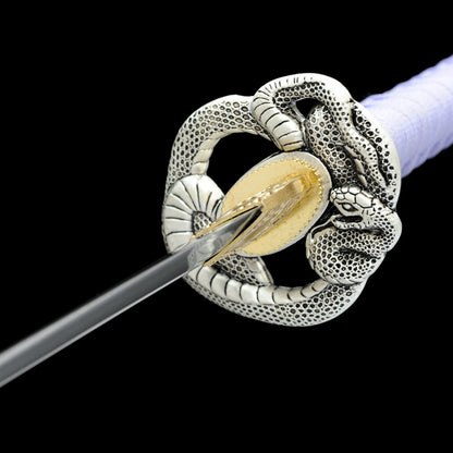 White Snake Anime Katana - Unsharpened Safe Collectible, Medium Carbon Steel Blade, Matte Lacquered Wood Saya with Decorative Cord, 102cm with Brocade Box