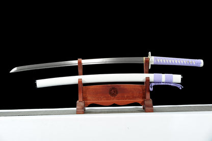 White Snake Anime Katana - Unsharpened Safe Collectible, Medium Carbon Steel Blade, Matte Lacquered Wood Saya with Decorative Cord, 102cm with Brocade Box