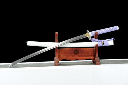 White Snake Anime Katana - Unsharpened Safe Collectible, Medium Carbon Steel Blade, Matte Lacquered Wood Saya with Decorative Cord, 102cm with Brocade Box