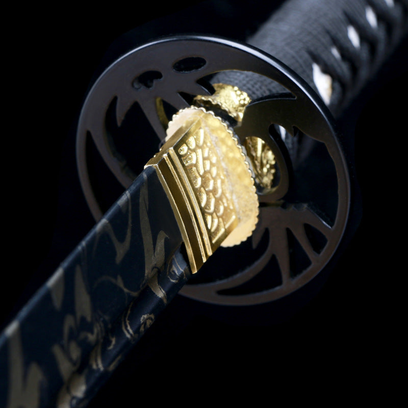 Phoenix Katana with Unique “Tiger Tail” Blood Groove - Ironwood Core, Phoenix Leather Wrap, Openwork Iron Fittings, Display-Grade Practice Sword