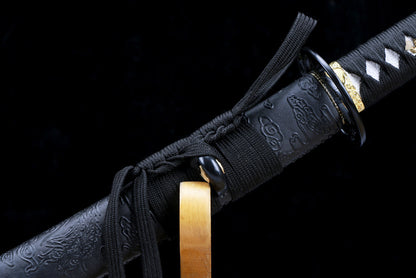 Phoenix Katana with Unique “Tiger Tail” Blood Groove - Ironwood Core, Phoenix Leather Wrap, Openwork Iron Fittings, Display-Grade Practice Sword