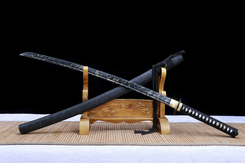 Phoenix Katana with Unique “Tiger Tail” Blood Groove - Ironwood Core, Phoenix Leather Wrap, Openwork Iron Fittings, Display-Grade Practice Sword