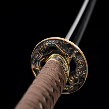 "Azure Dragon" Japanese Samurai Sword, Hand-Folded Damascus Steel with Clay Tempered & Frosted Polish (103cm Overall), Non-Sharpened Collectible Sword for Display & Gift