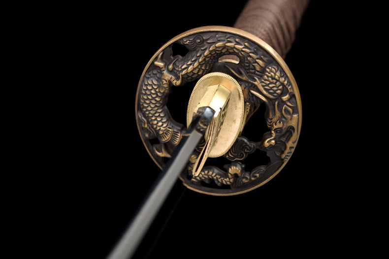 "Azure Dragon" Japanese Samurai Sword, Hand-Folded Damascus Steel with Clay Tempered & Frosted Polish (103cm Overall), Non-Sharpened Collectible Sword for Display & Gift