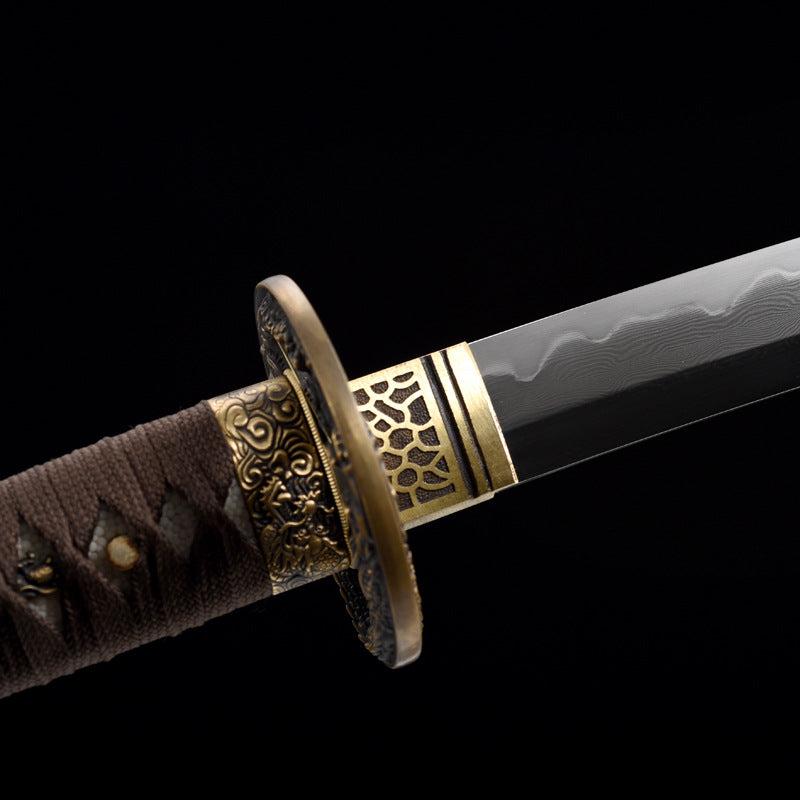 "Azure Dragon" Japanese Samurai Sword, Hand-Folded Damascus Steel with Clay Tempered & Frosted Polish (103cm Overall), Non-Sharpened Collectible Sword for Display & Gift