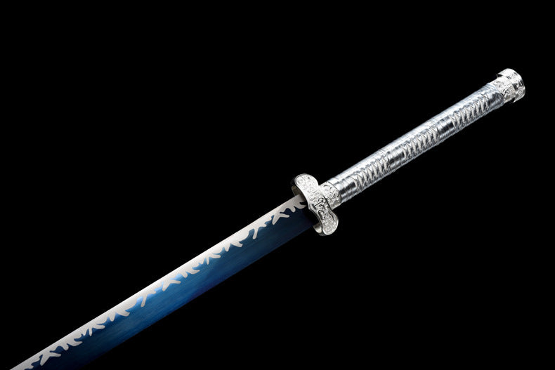 Black Gold Ancient Dao “Spring Dream Sky Trace” - Handcrafted with Blueing & Etching, 18-Step Polished High Manganese Steel, Sunflower Leather Wrap & Silvered Fittings,Hand-forged katana