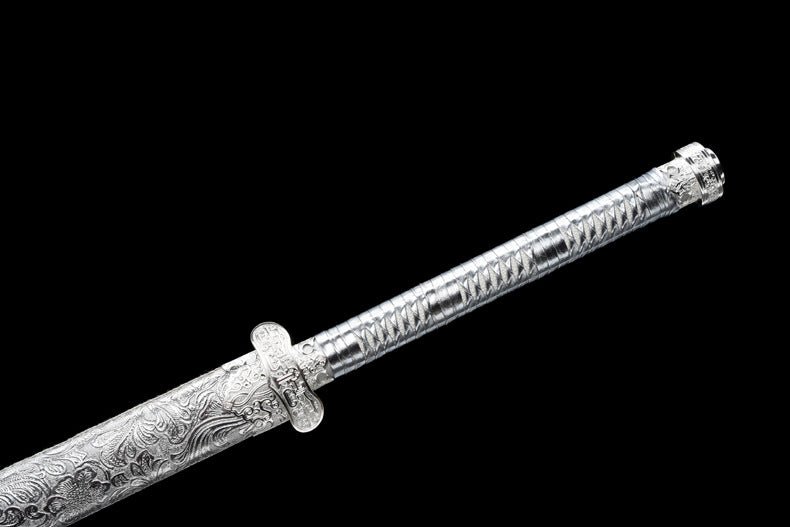 Black Gold Ancient Dao “Spring Dream Sky Trace” - Handcrafted with Blueing & Etching, 18-Step Polished High Manganese Steel, Sunflower Leather Wrap & Silvered Fittings,Hand-forged katana