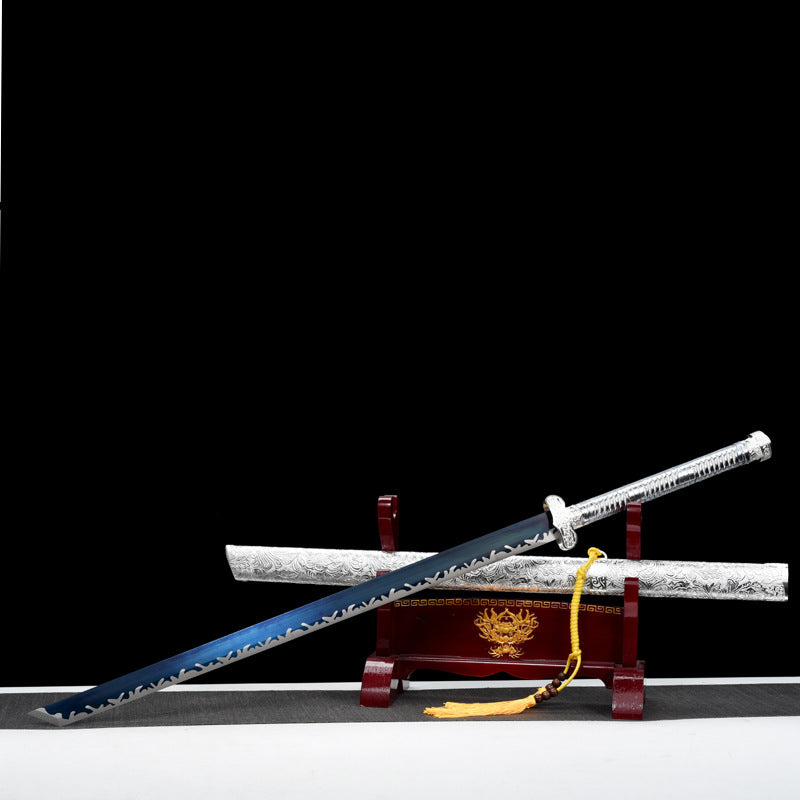 Black Gold Ancient Dao “Spring Dream Sky Trace” - Handcrafted with Blueing & Etching, 18-Step Polished High Manganese Steel, Sunflower Leather Wrap & Silvered Fittings,Hand-forged katana