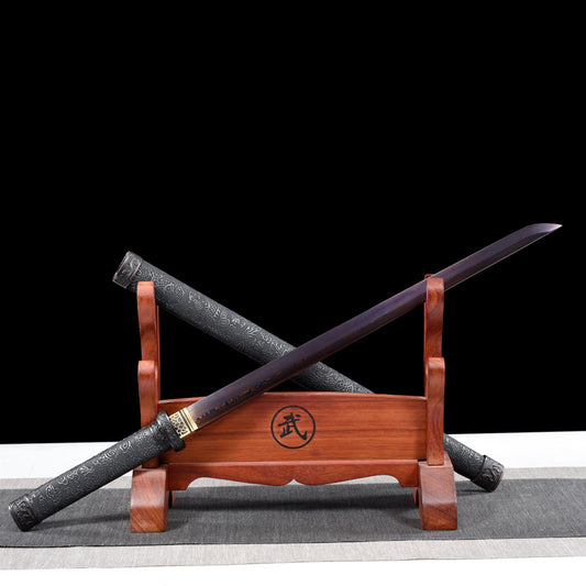 "Shadow Slash" Chinese Damask Steel Sword, Blue Tempered 60HRC Blade with Dragon Pattern PU Sheath & Wood Grip, Includes Brocade Gift Box