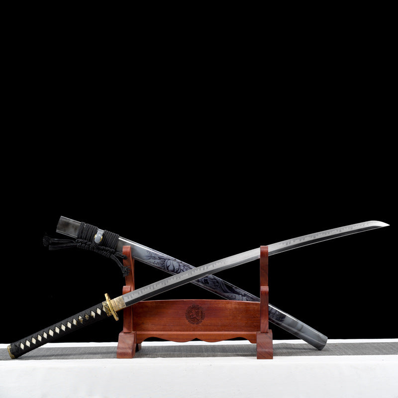 "Black & White Guardians" Japanese T10 Steel Katana, Clay-Tempered Blade with Lacquered Scabbard (103cm Overall), Non-Sharpened Collectible Sword for Display & Gift