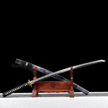 "Black & White Guardians" Japanese T10 Steel Katana, Clay-Tempered Blade with Lacquered Scabbard (103cm Overall), Non-Sharpened Collectible Sword for Display & Gift