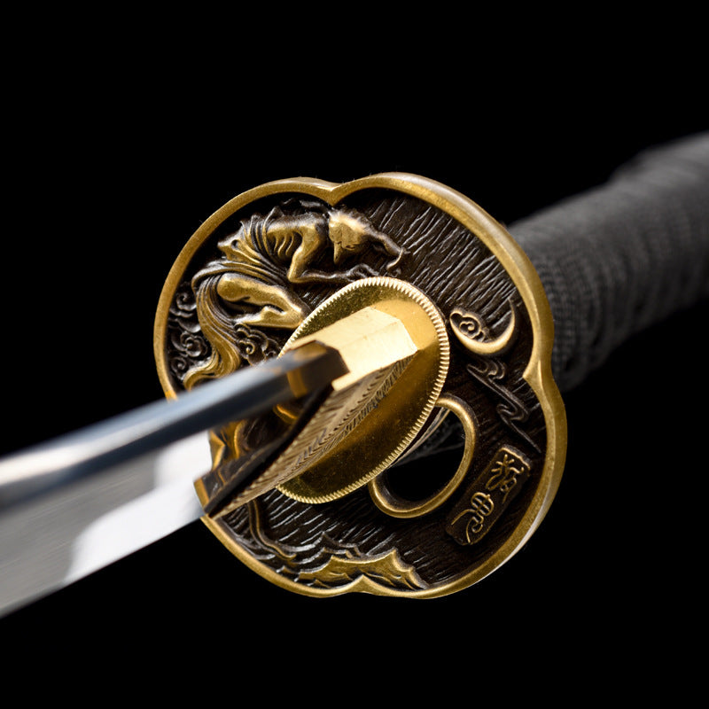 "Black & White Guardians" Japanese T10 Steel Katana, Clay-Tempered Blade with Lacquered Scabbard (103cm Overall), Non-Sharpened Collectible Sword for Display & Gift