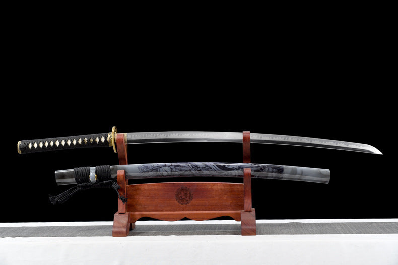 "Black & White Guardians" Japanese T10 Steel Katana, Clay-Tempered Blade with Lacquered Scabbard (103cm Overall), Non-Sharpened Collectible Sword for Display & Gift