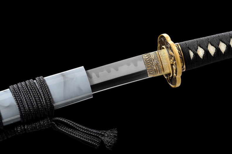 "Black & White Guardians" Japanese T10 Steel Katana, Clay-Tempered Blade with Lacquered Scabbard (103cm Overall), Non-Sharpened Collectible Sword for Display & Gift