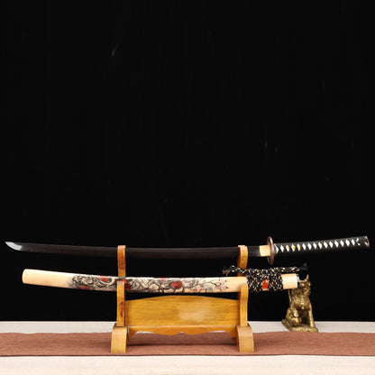 "Black Rose" Japanese T1095 Steel Samurai Sword, Clay-Tempered Blade with Gilded Alloy Fittings (104cm Overall), Non-Sharpened Collectible Sword for Display & Gift