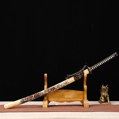 "Black Rose" Japanese T1095 Steel Samurai Sword, Clay-Tempered Blade with Gilded Alloy Fittings (104cm Overall), Non-Sharpened Collectible Sword for Display & Gift