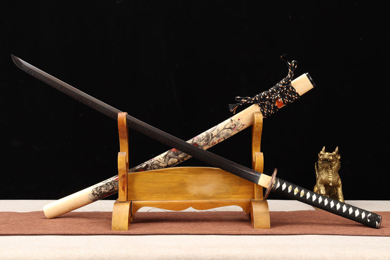 "Black Rose" Japanese T1095 Steel Samurai Sword, Clay-Tempered Blade with Gilded Alloy Fittings (104cm Overall), Non-Sharpened Collectible Sword for Display & Gift