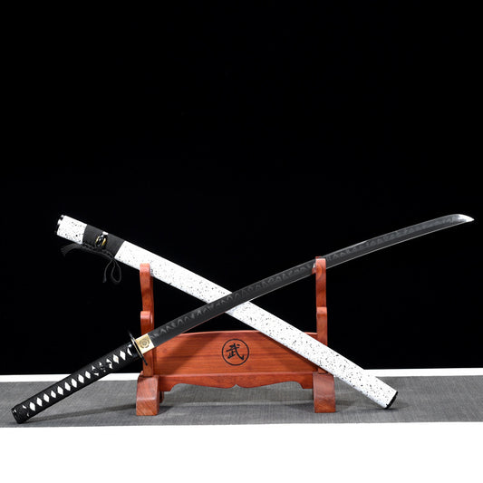 Hao Yue (Bright Moon) - T10 Clay-Tempered Katana with Leaf Pattern, Hand-Polished to 60 HRC, Unsharpened for Legal Display, Lacquered Wood Saya with Brocade Box
