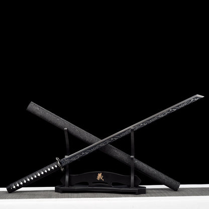 "Black Flame" Neo-Chinese Samurai Sword, High Manganese Steel Blade with Alloy Fittings (100cm Overall), Non-Sharpened for Display and Collection