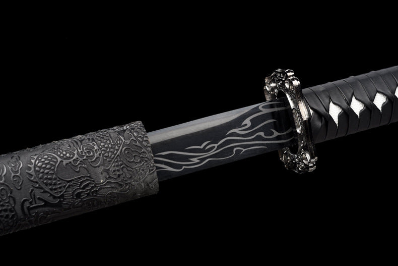 "Black Flame" Neo-Chinese Samurai Sword, High Manganese Steel Blade with Alloy Fittings (100cm Overall), Non-Sharpened for Display and Collection