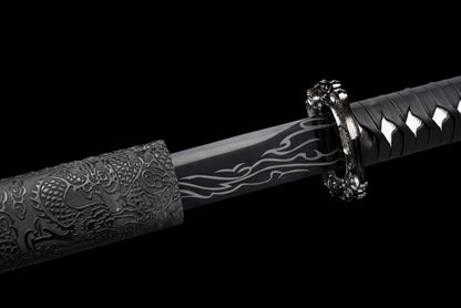 "Black Flame" Neo-Chinese Samurai Sword, High Manganese Steel Blade with Alloy Fittings (100cm Overall), Non-Sharpened for Display and Collection