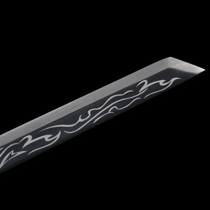 "Black Flame" Neo-Chinese Samurai Sword, High Manganese Steel Blade with Alloy Fittings (100cm Overall), Non-Sharpened for Display and Collection