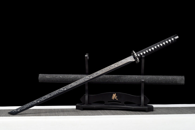 "Black Flame" Neo-Chinese Samurai Sword, High Manganese Steel Blade with Alloy Fittings (100cm Overall), Non-Sharpened for Display and Collection
