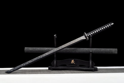 "Black Flame" Neo-Chinese Samurai Sword, High Manganese Steel Blade with Alloy Fittings (100cm Overall), Non-Sharpened for Display and Collection