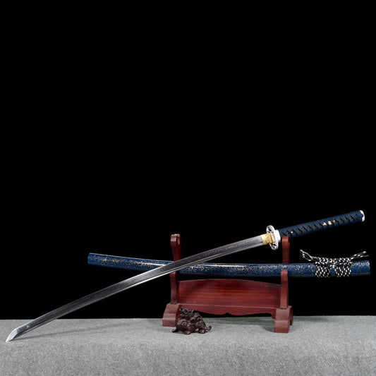 "Blue Radiance Long" Japanese Sword, High Carbon Steel Blade with Clay Tempered (122cm Overall), Non-Sharpened Collectible Sword for Display & Gift, Includes Brocade Box