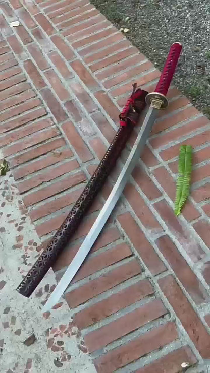 Red Princess - Anime Style Collectible Katana, Pattern Steel Blade, Hand-Carved Lacquered Wood Saya, 103cm Overall, Lightweight 1.3kg