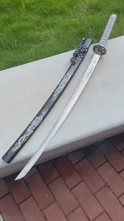 White Dragon's Roar Anime Katana, Manganese Steel with Lacquered Wood Sheath, 103cm Overall & 73cm Blade, Lightweight Design
