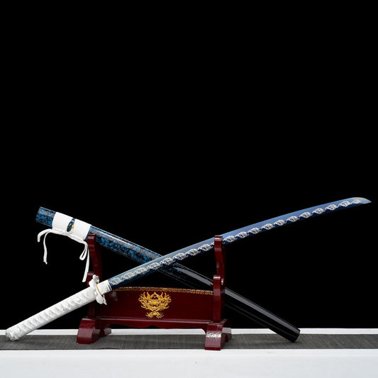 “Qiu Hun” Katana - Spring Steel with Blue Floral Pattern, Silver-White Mounts on Lacquered Wood, Longquan 24-Step Tradition, Elegant Collection Piece