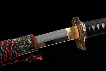 "Wandering Dragon" Japanese T10 Steel Samurai Sword, Hand-Carved Blade with Gold & Silver Inlaid Copper Fittings & Pearl Fish Skin Sheath (103cm Overall), Non-Sharpened Collectible Sword for Display & Gift, Includes Brocade Box