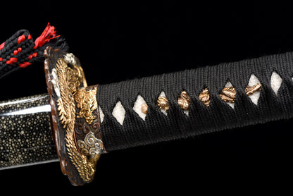 "Wandering Dragon" Japanese T10 Steel Samurai Sword, Hand-Carved Blade with Gold & Silver Inlaid Copper Fittings & Pearl Fish Skin Sheath (103cm Overall), Non-Sharpened Collectible Sword for Display & Gift, Includes Brocade Box