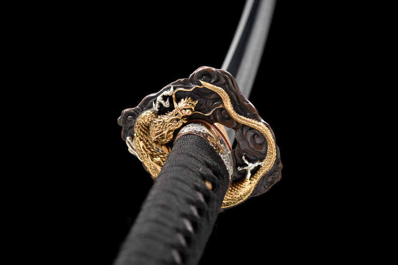 "Wandering Dragon" Japanese T10 Steel Samurai Sword, Hand-Carved Blade with Gold & Silver Inlaid Copper Fittings & Pearl Fish Skin Sheath (103cm Overall), Non-Sharpened Collectible Sword for Display & Gift, Includes Brocade Box