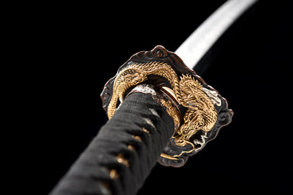 "Wandering Dragon" Japanese T10 Steel Samurai Sword, Hand-Carved Blade with Gold & Silver Inlaid Copper Fittings & Pearl Fish Skin Sheath (103cm Overall), Non-Sharpened Collectible Sword for Display & Gift, Includes Brocade Box