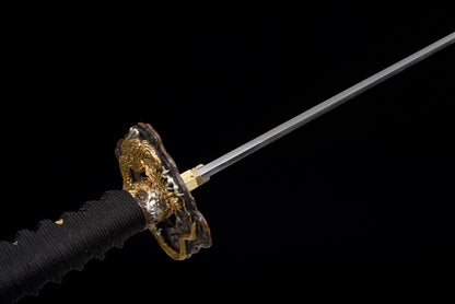 "Wandering Dragon" Japanese T10 Steel Samurai Sword, Hand-Carved Blade with Gold & Silver Inlaid Copper Fittings & Pearl Fish Skin Sheath (103cm Overall), Non-Sharpened Collectible Sword for Display & Gift, Includes Brocade Box