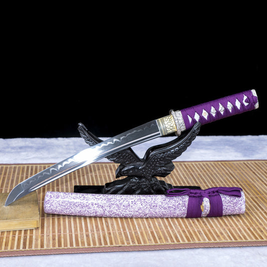 “Purple Soul” Clay-Tempered Wakizashi - Hand-Forged Tiger Tail Steel, Glossy Lacquer Sheath with Silver-Tone Fittings, Artisan Collectible
